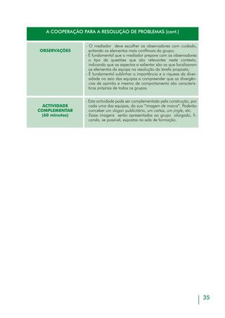 37
A NEGOCIAÇÃO
OBJECTIVOS
- Reconhecer os comportamentos inerentes a um processo de
negociação.
DESENVOLVIMENTO
DA ACTIVIDADE
- Solicitar aos formandos que imaginem uma situação em que
alguém tem de negociar algo com outra pessoa (um preço, a
troca de um electrodoméstico, a substituição de um produto
com defeito, etc.). Os formandos devem elaborar uma lista de
comportamentos positivos e uma lista de comportamentos a
evitar por esse negociador imaginário;
- Formar grupos de 3-4 elementos. Solicitar a cada grupo que
identifique, das listas dos membros do grupo, os três itens
mais importantes de cada categoria;
- Cada grupo regista as suas conclusões numa folha A2, a qual
deve ser afixada na parede;
- Segue-se um debate, em que o porta-voz de cada grupo
explica a razão porque aqueles itens foram considerados os
mais importantes;
- No final, o formador deve fazer uma síntese e identificar os
itens mais importantes.
MATERIAL
SUGERIDO
- Folhas A2 e marcadores.
TEMPO
APROXIMADO
- 50-60 minutos.
OBSERVAÇÕES
(Actividade
complementar
+ 50 minutos)
- Esta actividade pode ser complementada com a simulação,
pelos formandos, de uma situação negocial (guião prepara-
do pelo mediador) seguida de debate, que compare a
representação com as listas de comportamentos e atitudes
definidas anteriormente pelo grupo.
 