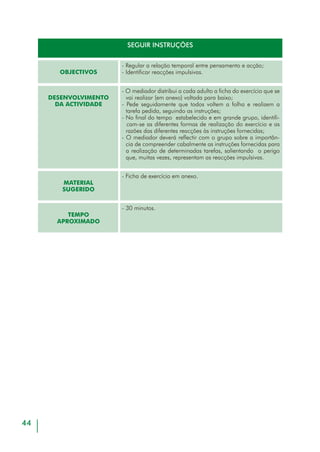 46
FAVORECER A APRENDIZAGEM
OBJECTIVOS
- Identificar procedimentos, estratégias, operações mentais e
funções cognitivas facilitadoras da aprendizagem.
DESENVOLVIMENTO
DA ACTIVIDADE
- Nesta actividade o mediador tem de clarificar – inicialmente
para o grupo e, durante o processo de análise individual,
para cada adulto – os conceitos presentes na ficha em anexo,
construindo outra ficha com uma linguagem (recorrendo
a exemplos próximos dos formandos) mais adequada ao
grupo;
- Cada formando reflecte sobre a lista em anexo assinalando os
aspectos que considera mais importantes para o processo de
aprendizagem a realizar no Curso;
- Em subgrupos de 3-4 pessoas, os formandos partilham e
discutem o trabalho realizado, elaborando uma lista comum;
- Apresentam-na em grande grupo, fundamentando as suas
opções;
- O mediador fará uma síntese com os aspectos mais eviden-
ciados pelo conjunto de todos os subgrupos;
- Cada formando fará nova análise, desta vez dos aspectos
constantes da síntese elaborada pelo mediador, identificando
quais os que necessita aprofundar individualmente.
MATERIAL
SUGERIDO
- Ficha Factores e processos que facilitam a aprendizagem, em
anexo.
TEMPO
APROXIMADO
- 60-70 minutos.
OBSERVAÇÕES
- Pretende-se que a partir da identificação feita por cada pes-
soa, dos aspectos que necessitam de aprofundamento, seja
possível trabalhá-los, quer no decorrer deste módulo quer
durante a formação de base e a formação profissional.
Para isso é fundamental que esta informação seja partilhada
quer com o mediador, quer com a restante equipa
pedagógica.
 