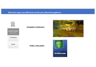 Diferentes jogos para diferentes tarefas para diferentes jogadores
Completa e Coleciona
Poder, mais poder
 