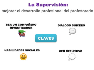 La Supervisión: 
mejorar el desarrollo profesional del profesorado 
SER UN COMPAÑERO 
INVESTIGADOR 
 
DIÁLOGO SINCERO 
 
SER REFLEXIVO 
 
HABILIDADES SOCIALES 
 
CLAVES 
 