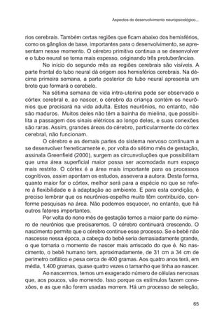 Aspectos do desenvolvimento neuropsicológico... 
rios cerebrais. Também certas regiões que ficam abaixo dos hemisférios, 
como os gânglios de base, importantes para o desenvolvimento, se apre-sentam 
nesse momento. O cérebro primitivo continua a se desenvolver 
e o tubo neural se torna mais espesso, originando três protuberâncias. 
No início do segundo mês as regiões cerebrais são visíveis. A 
parte frontal do tubo neural dá origem aos hemisférios cerebrais. Na dé-cima 
primeira semana, a parte posterior do tubo neural apresenta um 
65 
broto que formará o cerebelo. 
Na sétima semana de vida intra-uterina pode ser observado o 
córtex cerebral e, ao nascer, o cérebro da criança contém os neurô-nios 
que precisará na vida adulta. Estes neurônios, no entanto, não 
são maduros. Muitos deles não têm a bainha de mielina, que possibi-lita 
a passagem dos sinais elétricos ao longo deles, e suas conexões 
são raras. Assim, grandes áreas do cérebro, particularmente do córtex 
cerebral, não funcionam. 
O cérebro e as demais partes do sistema nervoso continuam a 
se desenvolver freneticamente e, por volta do sétimo mês de gestação, 
assinala Greenfield (2000), surgem as circunvoluções que possibilitam 
que uma área superficial maior possa ser acomodada num espaço 
mais restrito. O córtex é a área mais importante para os processos 
cognitivos, assim apontam os estudos, assevera a autora. Desta forma, 
quanto maior for o córtex, melhor será para a espécie no que se refe-re 
à flexibilidade e à adaptação ao ambiente. E para esta condição, é 
preciso lembrar que os neurônios-espelho muito têm contribuído, con-forme 
pesquisas na área. Não podemos esquecer, no entanto, que há 
outros fatores importantes. 
Por volta do nono mês de gestação temos a maior parte do núme-ro 
de neurônios que precisaremos. O cérebro continuará crescendo. O 
nascimento permite que o cérebro continue esse processo. Se o bebê não 
nascesse nessa época, a cabeça do bebê seria demasiadamente grande, 
o que tornaria o momento de nascer mais arriscado do que é. No nas-cimento, 
o bebê humano tem, aproximadamente, de 31 cm a 34 cm de 
perímetro cefálico e pesa cerca de 400 gramas. Aos quatro anos terá, em 
média, 1.400 gramas, quase quatro vezes o tamanho que tinha ao nascer. 
Ao nascermos, temos um exagerado número de células nervosas 
que, aos poucos, vão morrendo. Isso porque os estímulos fazem cone-xões, 
e as que não forem usadas morrem. Há um processo de seleção, 
 