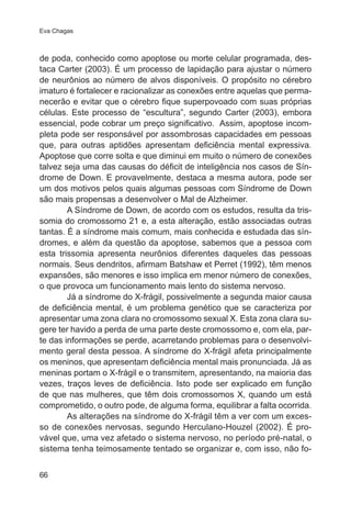 Eva Chagas 
de poda, conhecido como apoptose ou morte celular programada, des-taca 
66 
Carter (2003). É um processo de lapidação para ajustar o número 
de neurônios ao número de alvos disponíveis. O propósito no cérebro 
imaturo é fortalecer e racionalizar as conexões entre aquelas que perma-necerão 
e evitar que o cérebro fique superpovoado com suas próprias 
células. Este processo de “escultura”, segundo Carter (2003), embora 
essencial, pode cobrar um preço significativo. Assim, apoptose incom-pleta 
pode ser responsável por assombrosas capacidades em pessoas 
que, para outras aptidões apresentam deficiência mental expressiva. 
Apoptose que corre solta e que diminui em muito o número de conexões 
talvez seja uma das causas do déficit de inteligência nos casos de Sín-drome 
de Down. E provavelmente, destaca a mesma autora, pode ser 
um dos motivos pelos quais algumas pessoas com Síndrome de Down 
são mais propensas a desenvolver o Mal de Alzheimer. 
A Síndrome de Down, de acordo com os estudos, resulta da tris-somia 
do cromossomo 21 e, a esta alteração, estão associadas outras 
tantas. É a síndrome mais comum, mais conhecida e estudada das sín-dromes, 
e além da questão da apoptose, sabemos que a pessoa com 
esta trissomia apresenta neurônios diferentes daqueles das pessoas 
normais. Seus dendritos, afirmam Batshaw et Perret (1992), têm menos 
expansões, são menores e isso implica em menor número de conexões, 
o que provoca um funcionamento mais lento do sistema nervoso. 
Já a síndrome do X-frágil, possivelmente a segunda maior causa 
de deficiência mental, é um problema genético que se caracteriza por 
apresentar uma zona clara no cromossomo sexual X. Esta zona clara su-gere 
ter havido a perda de uma parte deste cromossomo e, com ela, par-te 
das informações se perde, acarretando problemas para o desenvolvi-mento 
geral desta pessoa. A síndrome do X-frágil afeta principalmente 
os meninos, que apresentam deficiência mental mais pronunciada. Já as 
meninas portam o X-frágil e o transmitem, apresentando, na maioria das 
vezes, traços leves de deficiência. Isto pode ser explicado em função 
de que nas mulheres, que têm dois cromossomos X, quando um está 
comprometido, o outro pode, de alguma forma, equilibrar a falta ocorrida. 
As alterações na síndrome do X-frágil têm a ver com um exces-so 
de conexões nervosas, segundo Herculano-Houzel (2002). É pro-vável 
que, uma vez afetado o sistema nervoso, no período pré-natal, o 
sistema tenha teimosamente tentado se organizar e, com isso, não fo- 
 