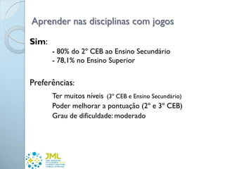 Aprender nas disciplinas com jogos
Sim:
- 80% do 2º CEB ao Ensino Secundário
- 78,1% no Ensino Superior
Preferências:
Ter muitos níveis (3º CEB e Ensino Secundário)
Poder melhorar a pontuação (2º e 3º CEB)
Grau de dificuldade: moderado
 