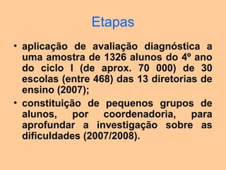 Etapas
• aplicação de avaliação diagnóstica a
uma amostra de 1326 alunos do 4º ano
do ciclo I (de aprox. 70 000) de 30
escolas (entre 468) das 13 diretorias de
ensino (2007);
• constituição de pequenos grupos de
alunos, por coordenadoria, para
aprofundar a investigação sobre as
dificuldades (2007/2008).
 