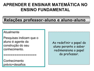 APRENDER E ENSINAR MATEMÁTICA NO ENSINO FUNDAMENTAL Relações professor-aluno e aluno-aluno Atualmente Pesquisas indicam que o aluno é agente da construção do seu conhecimento. ================== Conhecimento prévio+desafios Ao redefinir o papel do aluno perante o saber redimensiona o papel do professor. 