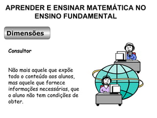 APRENDER E ENSINAR MATEMÁTICA NO ENSINO FUNDAMENTAL Dimensões Consultor  Não mais aquele que expõe todo o conteúdo aos alunos, mas aquele que fornece informações necessárias, que o aluno não tem condições de obter. 