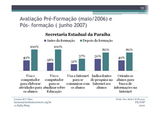 10


     Avaliação Pré-Formação (maio/2006) e
     Pós- formação ( junho 2007)




Luciana M V Allan                           Profa. Dra. Stela C B Piconez
luciana@institutocrescer.org.br                                FE/USP
11.8585.8695                                                     2010
 
