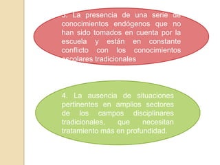 3. La presencia de una serie de
conocimientos endógenos que no
han sido tomados en cuenta por la
escuela y están en constante
conflicto con los conocimientos
escolares tradicionales

4. La ausencia de situaciones
pertinentes en amplios sectores
de los campos disciplinares
tradicionales,
que
necesitan
tratamiento más en profundidad.

 