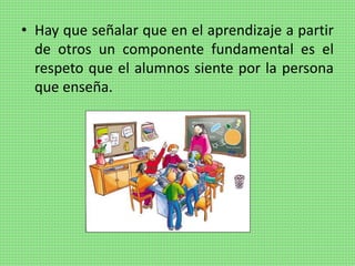 • Hay que señalar que en el aprendizaje a partir
de otros un componente fundamental es el
respeto que el alumnos siente por la persona
que enseña.
 
