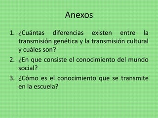 Anexos
1. ¿Cuántas diferencias existen entre la
transmisión genética y la transmisión cultural
y cuáles son?
2. ¿En que consiste el conocimiento del mundo
social?
3. ¿Cómo es el conocimiento que se transmite
en la escuela?
 