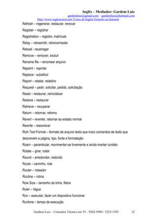 Inglês – Mediador: Gardem Luiz
gardemluiz@gmail.com – gardemluiz@hotmail.com
http://www.inglescurso.net/ Curso de Inglês Gratuito na Internet

Refresh – regenerar, restaurar, renovar
Register – registrar
Registration – registro, matrícula
Relay – retrasmitir, retransmissão
Reload - recarregar
Remove – remover, excluir
Rename file – renomear arquivo
Repaint – repintar
Replace - substituir
Report – relatar, relatório
Request – pedir, solicitar, pedido, solicitação
Reset – restaurar, reinicializar
Restore – restaurar
Retrieve – recuperar
Return – retornar, retorno
Revert – reverter, retornar ao estado normal
Rewrite – reescrever
Rich Text Format – formato de arquivo texto que inclui comandos de texto que
descrevem a página, tipo, fonte e formatação
Roam – perambular, movimentar-se livremente e ainda manter contato
Rotate – girar, rodar
Round – arredondar, redondo
Route – caminho, rota
Router – roteador
Routine – rotina
Row Size – tamanho da linha, fileira
Ruler – régua
Run – executar, fazer um dispositivo funcionar
Runtime – tempo de execução
Gardem Luiz – Consultor Técnico em TI – 9202-5096 / 3225-1503

32

 