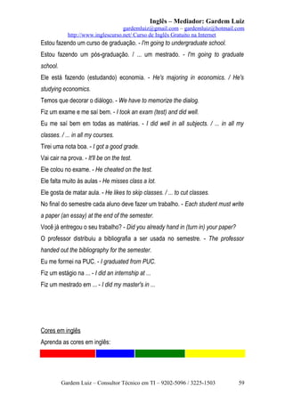 Inglês – Mediador: Gardem Luiz
gardemluiz@gmail.com – gardemluiz@hotmail.com
http://www.inglescurso.net/ Curso de Inglês Gratuito na Internet

Estou fazendo um curso de graduação. - I'm going to undergraduate school.
Estou fazendo um pós-graduação. / ... um mestrado. - I'm going to graduate
school.
Ele está fazendo (estudando) economia. - He's majoring in economics. / He's
studying economics.
Temos que decorar o diálogo. - We have to memorize the dialog.
Fiz um exame e me saí bem. - I took an exam (test) and did well.
Eu me saí bem em todas as matérias. - I did well in all subjects. / ... in all my
classes. / ... in all my courses.
Tirei uma nota boa. - I got a good grade.
Vai cair na prova. - It'll be on the test.
Ele colou no exame. - He cheated on the test.
Ele falta muito às aulas - He misses class a lot.
Ele gosta de matar aula. - He likes to skip classes. / ... to cut classes.
No final do semestre cada aluno deve fazer um trabalho. - Each student must write
a paper (an essay) at the end of the semester.
Você já entregou o seu trabalho? - Did you already hand in (turn in) your paper?
O professor distribuiu a bibliografia a ser usada no semestre. - The professor
handed out the bibliography for the semester.
Eu me formei na PUC. - I graduated from PUC.
Fiz um estágio na ... - I did an internship at ...
Fiz um mestrado em ... - I did my master's in ...

Cores em inglês
Aprenda as cores em inglês:

Gardem Luiz – Consultor Técnico em TI – 9202-5096 / 3225-1503

59

 