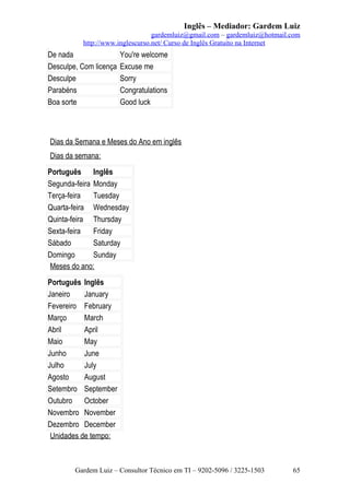 Inglês – Mediador: Gardem Luiz
gardemluiz@gmail.com – gardemluiz@hotmail.com
http://www.inglescurso.net/ Curso de Inglês Gratuito na Internet

De nada
Desculpe, Com licença
Desculpe
Parabéns
Boa sorte

You're welcome
Excuse me
Sorry
Congratulations
Good luck

Dias da Semana e Meses do Ano em inglês
Dias da semana:
Português Inglês
Segunda-feira Monday
Terça-feira
Tuesday
Quarta-feira Wednesday
Quinta-feira Thursday
Sexta-feira
Friday
Sábado
Saturday
Domingo
Sunday
Meses do ano:
Português Inglês
Janeiro
January
Fevereiro February
Março
March
Abril
April
Maio
May
Junho
June
Julho
July
Agosto
August
Setembro September
Outubro October
Novembro November
Dezembro December
Unidades de tempo:

Gardem Luiz – Consultor Técnico em TI – 9202-5096 / 3225-1503

65

 