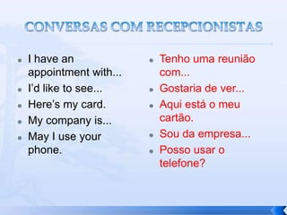    I have an                Tenho uma reunião
    appointment with...       com...
   I’d like to see...       Gostaria de ver...
   Here’s my card.          Aqui está o meu
   My company is...          cartão.
   May I use your           Sou da empresa...
    phone.                   Posso usar o
                              telefone?
 