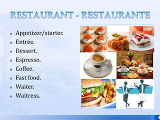   Appetizer/starter.
   Entrée.
   Dessert.
   Espresso.
   Coffee.
   Fast food.
   Waiter.
   Waitress.
 