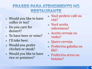    Você prefere café ou
   Would you like to have       chá?
    coffee or tea?
                                Você aceita
   Do you care for              sobremesa?
    dessert?
                                Aceita cerveja ou
   To have beer or wine?        vinho?
   I’ll take beer.             Quero cerveja.
   Would you prefer            Preferiria galinha ou
    chicken or steak?            filé?
   Would you like to have      Preferiria arroz ou
    rice or potatoes?            batatas?
 