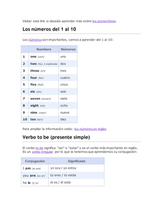 Visitar este link si deseáis aprender más sobre los pronombres.
Los números del 1 al 10
Los números son importantes, vamos a aprender del 1 al 10:
Numbers Números
1 one /uan/ uno
2 two /tú/, t explosiva dos
3 three /zri/ tres
4 four /for/ cuatro
5 five /faif/ cinco
6 six /six/ seis
7 seven /seven/ siete
8 eight /eit/ ocho
9 nine /nain/ nueve
10 ten /ten/ diez
Para ampliar la información visita: los números en inglés.
Verbo to be (presente simple)
El verbo to be significa "ser" o "estar" y es el verbo más importante en inglés.
Es un verbo irregular por lo que la tenemos que aprendernos su conjugación:
Conjugación Significado
I am /ai am/ yo soy / yo estoy
you are /yu ar/ tú eres / tú estás
he is /ji is/ él es / él está
 