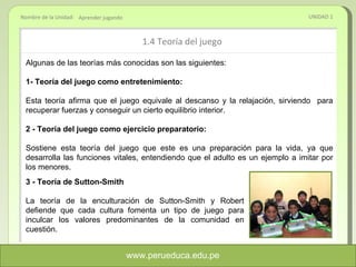 1.4 Teoría del juego UNIDAD 1 Aprender jugando Algunas de las teorías más conocidas son las siguientes: 1- Teoría del juego como entretenimiento:  Esta teoría afirma que el juego equivale al descanso y la relajación, sirviendo  para recuperar fuerzas y conseguir un cierto equilibrio interior.  2 - Teoría del juego como ejercicio preparatorio:  Sostiene esta teoría del juego que este es una preparación para la vida, ya que desarrolla las funciones vitales, entendiendo que el adulto es un ejemplo a imitar por los menores. 3 - Teoría de Sutton-Smith La teoría de la enculturación de Sutton-Smith y Robert defiende que cada cultura fomenta un tipo de juego para inculcar los valores predominantes de la comunidad en cuestión.  www.perueduca.edu.pe 