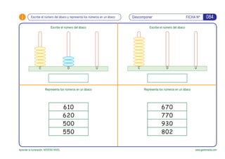 i FICHA Nº:
Aprender la numeración. NOVENO NIVEL www.gesfomedia.com
C UD C UD
Escribe el número del ábaco y representa los números en un ábaco Descomponer
Escribe el número del ábaco Escribe el número del ábaco
Representa los números en un ábaco Representa los números en un ábaco
084
610
620
500
550
670
770
930
802
 