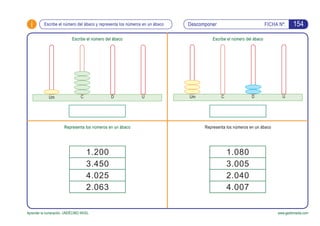 i FICHA Nº:
Aprender la numeración. UNDÉCIMO NIVEL www.gesfomedia.com
Escribe el número del ábaco y representa los números...
