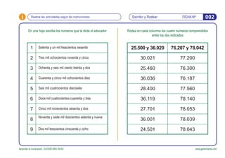 FICHA Nº:i
Aprender la numeración. DUODÉCIMO NIVEL www.gesfomedia.com
Escribir y Rodear 002Realiza las actividades según l...