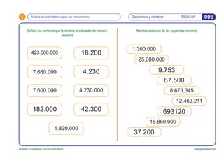 FICHA Nº:i
Aprender la numeración. DUODÉCIMO NIVEL www.gesfomedia.com
Discriminar y nombrar 006Realiza las actividades seg...
