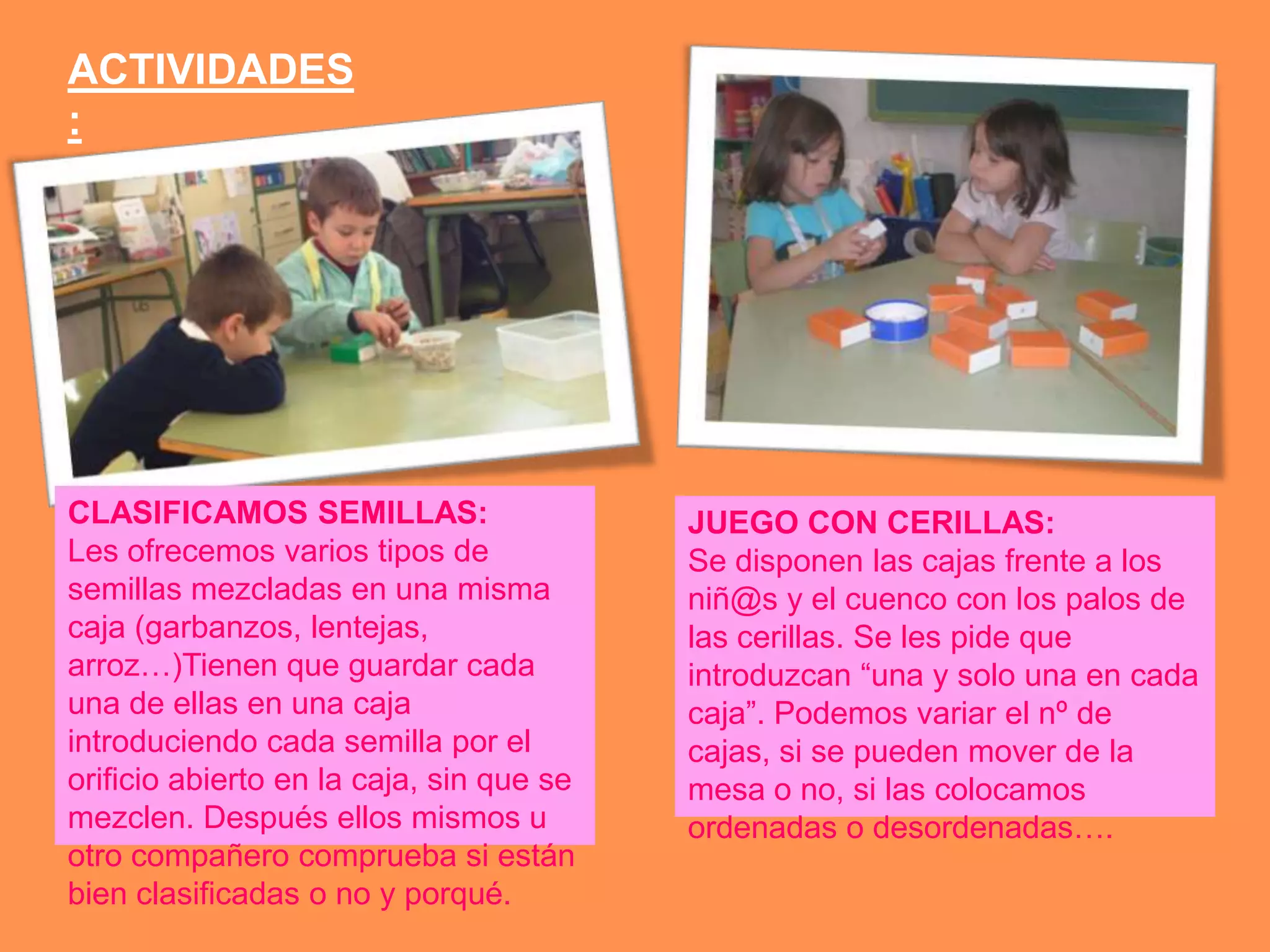 ACTIVIDADES
:




CLASIFICAMOS SEMILLAS:                    JUEGO CON CERILLAS:
Les ofrecemos varios tipos de             Se disponen las cajas frente a los
semillas mezcladas en una misma           niñ@s y el cuenco con los palos de
caja (garbanzos, lentejas,                las cerillas. Se les pide que
arroz…)Tienen que guardar cada            introduzcan “una y solo una en cada
una de ellas en una caja                  caja”. Podemos variar el nº de
introduciendo cada semilla por el         cajas, si se pueden mover de la
orificio abierto en la caja, sin que se   mesa o no, si las colocamos
mezclen. Después ellos mismos u           ordenadas o desordenadas….
otro compañero comprueba si están
bien clasificadas o no y porqué.
 