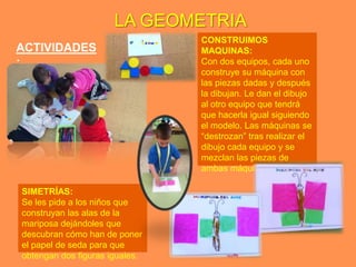 LA GEOMETRIA
                                CONSTRUIMOS
ACTIVIDADES                     MAQUINAS:
:                               Con dos equipos, cada uno
                                construye su máquina con
                                las piezas dadas y después
                                la dibujan. Le dan el dibujo
                                al otro equipo que tendrá
                                que hacerla igual siguiendo
                                el modelo. Las máquinas se
                                “destrozan” tras realizar el
                                dibujo cada equipo y se
                                mezclan las piezas de
                                ambas máquinas.

SIMETRÍAS:
Se les pide a los niños que
construyan las alas de la
mariposa dejándoles que
descubran cómo han de poner
el papel de seda para que
obtengan dos figuras iguales.
 