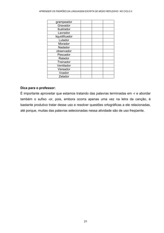 APRENDER OS PADRÕES DA LINGUAGEM ESCRITA DE MODO REFLEXIVO NO CICLO II
21
grampeador
Gravador
Ilustrador
Lavrador
liquidificador
Lutador
Morador
Nadador
observador
Pescador
Ralador
Treinador
Ventilador
Vereador
Voador
Zelador
Dica para o professor:
É importante aproveitar que estamos tratando das palavras terminadas em -r e abordar
também o sufixo -or, pois, embora ocorra apenas uma vez na letra da canção, é
bastante produtivo tratar desse uso e resolver questões ortográficas a ele relacionadas,
até porque, muitas das palavras selecionadas nessa atividade são de uso freqüente.
 