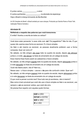 APRENDER OS PADRÕES DA LINGUAGEM ESCRITA DE MODO REFLEXIVO NO CICLO II
29
E juntos vamos _______________ o amor
E outros quinhentos _______________, na alvorada da esperança
Hoje o Brasil é criança brincando de Boi-Bumbá
(In CD Canções do Brasil: o Brasil cantado por suas crianças. Produzido por Sandra Peres e Paulo Tatit,
realização Palavra Cantada.)
Atividade 05
Refletindo a respeito das palavras que você transcreveu
E então? Acertou a escrita de todos os verbos?
_____________________________________________________________________
Você deve estar pensando “e esse virão com -ão? Foi pagadinha?” Não foi não. É que
quase não usamos essa forma ao escrever. É o futuro simples.
Ao falar e até mesmo ao escrever, as pessoas atualmente preferem usar a forma
composta. Quer ver como é?
No sábado, os três amigos vão jogar bola na quadra da escola, depois vão almoçar
juntos e, à noite, vão dançar na festa de aniversário de um colega da escola.
Essa mesma frase ficaria assim se usássemos o futuro simples:
No sábado, os três amigos jogarão bola na quadra da escola, depois almoçarão juntos e
à noite dançarão na festa de aniversário de um colega da escola.
Você não falaria assim, não é? Nem eu...
Nesse caso – o futuro simples – usa-se o -ão para não confundir o leitor. Quer ver?
No sábado, os três amigos jogaram bola na quadra da escola, depois almoçaram juntos
e à noite dançaram na festa de aniversário de um colega da escola.
O que você ia pensar ouvindo isso? Que tudo isso já aconteceu, não é mesmo?
Mas como é bem provável que você não use o futuro simples ao falar e ao escrever, use
sempre o -am ao escrever verbos, que você não erra.
Só precisa ficar esperto com aquelas quatro formas:
DAR DÃO
ESTAR ESTÃO
SER SÃO
IR VÃO
 