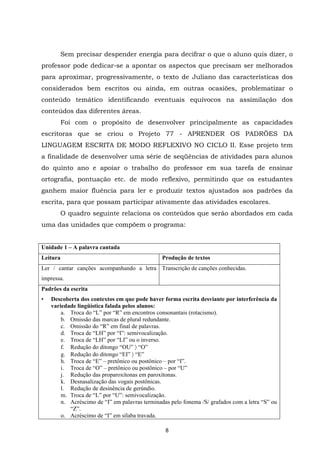 APRENDER OS PADRÕES DA LINGUAGEM ESCRITA DE MODO REFLEXIVO NO CICLO II
8
Sem precisar despender energia para decifrar o que o aluno quis dizer, o
professor pode dedicar-se a apontar os aspectos que precisam ser melhorados
para aproximar, progressivamente, o texto de Juliano das características dos
considerados bem escritos ou ainda, em outras ocasiões, problematizar o
conteúdo temático identificando eventuais equívocos na assimilação dos
conteúdos das diferentes áreas.
Foi com o propósito de desenvolver principalmente as capacidades
escritoras que se criou o Projeto 77 - APRENDER OS PADRÕES DA
LINGUAGEM ESCRITA DE MODO REFLEXIVO NO CICLO II. Esse projeto tem
a finalidade de desenvolver uma série de seqüências de atividades para alunos
do quinto ano e apoiar o trabalho do professor em sua tarefa de ensinar
ortografia, pontuação etc. de modo reflexivo, permitindo que os estudantes
ganhem maior fluência para ler e produzir textos ajustados aos padrões da
escrita, para que possam participar ativamente das atividades escolares.
O quadro seguinte relaciona os conteúdos que serão abordados em cada
uma das unidades que compõem o programa:
Unidade 1 – A palavra cantada
Leitura Produção de textos
Ler / cantar canções acompanhando a letra
impressa.
Transcrição de canções conhecidas.
Padrões da escrita
• Descoberta dos contextos em que pode haver forma escrita desviante por interferência da
variedade lingüística falada pelos alunos:
a. Troca do “L” por “R” em encontros consonantais (rotacismo).
b. Omissão das marcas de plural redundante.
c. Omissão do “R” em final de palavras.
d. Troca de “LH” por “I”: semivocalização.
e. Troca de “LH” por “LI” ou o inverso.
f. Redução do ditongo “OU” 〉 “O”
g. Redução do ditongo “EI” 〉 “E”
h. Troca de “E” – pretônico ou postônico – por “I”.
i. Troca de “O” – pretônico ou postônico – por “U”
j. Redução das proparoxítonas em paroxítonas.
k. Desnasalização das vogais postônicas.
l. Redução de desinência de gerúndio.
m. Troca de “L” por “U”: semivocalização.
n. Acréscimo de “I” em palavras terminadas pelo fonema /S/ grafados com a letra “S” ou
“Z”.
o. Acréscimo de “I” em sílaba travada.
 