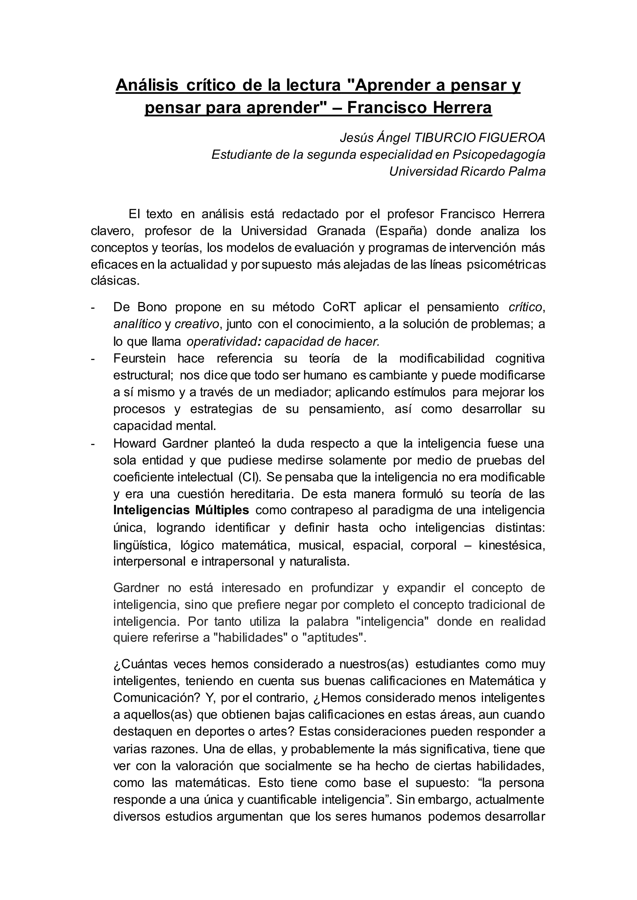 Aprender para pensar y pensar para aprender | DOCX | Educational ...