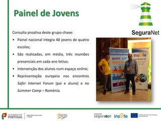Painel de Jovens
Consulta proativa deste grupo-chave:
• Painel nacional integra 40 jovens de quatro
escolas;
• São realizadas, em média, três reuniões
presenciais em cada ano letivo;
• Intervenção dos alunos num espaço online;
• Representação europeia nos encontros
Safer Internet Forum (pai e aluno) e no
Summer Camp – Roménia.
 