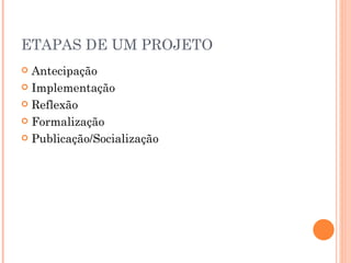 ETAPAS DE UM PROJETO Antecipação Implementação Reflexão Formalização Publicação/Socialização 