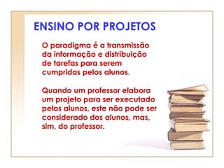 ENSINO POR PROJETOS
 O paradigma é a transmissão
 da informação e distribuição
 de tarefas para serem
 cumpridas pelos alunos.

 Quando um professor elabora
 um projeto para ser executado
 pelos alunos, este não pode ser
 considerado dos alunos, mas,
 sim, do professor.
 