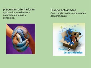 preguntas orientadoras  ayuda a los estudiantes a enfocarse en temas y conceptos. Diseñe actividades  Que cumpla con las necesidades del aprendizaje.   