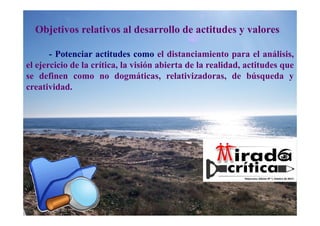Objetivos relativos al desarrollo de actitudes y valores

       - Potenciar actitudes como el distanciamiento para el análisis,
el ejercicio de la crítica, la visión abierta de la realidad, actitudes que
se definen como no dogmáticas, relativizadoras, de búsqueda y
creatividad.
 
