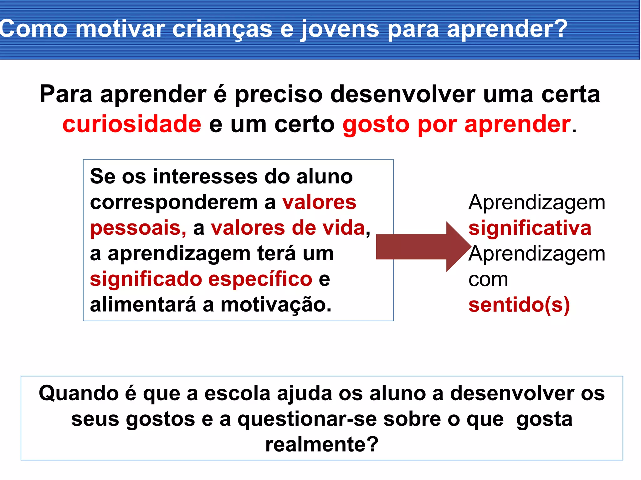Como motivar crianças e jovens para aprender?
Para aprender é preciso desenvolver uma certa
curiosidade e um certo gosto por aprender.
Se os interesses do aluno
corresponderem a valores
pessoais, a valores de vida,
a aprendizagem terá um
significado específico e
alimentará a motivação.
Quando é que a escola ajuda os alunos a desenvolver os
seus gostos e a questionar-se sobre o que gosta
realmente?
Aprendizagem
significativa
Aprendizagem
com
sentido(s)
 