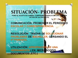 SITUACIÓN- PROBLEMA
• COMUNICACIÓN: PROMOVER EL PERIÓDICO
ESCOLAR Y CORRESPONDENCIA.
• RESOLUCIÓN: TRATAR DE SOLUCIONAR
PROBLEMAS DE BACHILLER, CURSANDO EL
4º PRIMARIA.
• UTILIZACIÓN: APROPIACIÓN DE UNA
HERRAMIENTA ( EX: MICROSCOPIO,
DOCUMENTOS ,ETC.)
PONE AL SUJETO EN CAMINO, COMPROMETIENDOLO CON UNA SITACIÓN
ACTIVA DE UN PROYECTO.
 