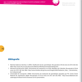 Cap 2 - 2.2 ¿Cómo integrar el uso de tecnología en la práctica pedagógica cotidiana?
Orientaciones, ejemplos y algo más

Click para volver a la
Tabla de contenidos

72

Bibliografía
ΞΞ Martínez-Salanova Sánchez, E. (2005). Clasificación de los aprendizajes. Recuperado el 20 de enero de 2012 del sitio
Web: http://www.uhu.es/cine.educacion/didactica/0023taxonomiaaprendizaje.htm
ΞΞ Ministerio de Educación (2005). Herramientas de evaluación en el aula. República de Colombia. Recuperado el 20 de
enero de 2012 del sitio Web: http://www.mineduc.edu.gt/recursos/images/d/de/Evaluacion_Aula_-_Herramientas_
de_Evaluacion.pdf
ΞΞ Universidad de Concepción. (2008). Instrumentos de evaluación de aprendizajes apoyados por TIC. Centro Zonal.
Material de capacitación digital. Recuperado el 20 de enero de 2012 del sitio Web : http://www.slideshare.net/
aulamagica/evaluacin-de-la-enseanza-con-tic-presentation.

 