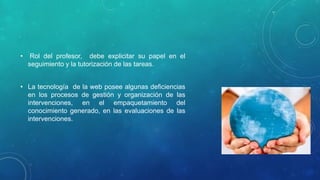 • Rol del profesor, debe explicitar su papel en el 
seguimiento y la tutorización de las tareas. 
• La tecnología de la web posee algunas deficiencias 
en los procesos de gestión y organización de las 
intervenciones, en el empaquetamiento del 
conocimiento generado, en las evaluaciones de las 
intervenciones. 
 