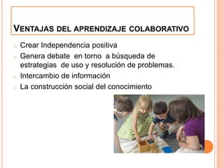 VENTAJAS DEL APRENDIZAJE COLABORATIVO 
o Crear Independencia positiva 
o Genera debate en torno a búsqueda de 
estrategias de uso y resolución de problemas. 
o Intercambio de información 
o La construcción social del conocimiento 
 