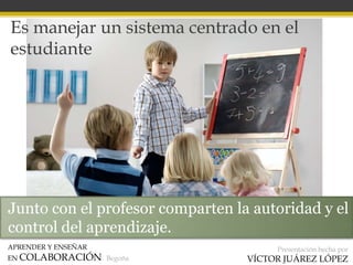 APRENDER Y ENSEÑAR
EN COLABORACIÓN Begoña
Presentación hecha por
VÍCTOR JUÁREZ LÓPEZ
Es manejar un sistema centrado en el
estudiante
Junto con el profesor comparten la autoridad y el
control del aprendizaje.
 