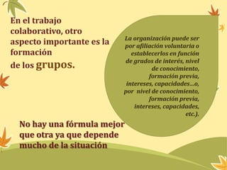 En el trabajo 
colaborativo, otro 
aspecto importante es la 
formación 
de los grupos. 
La organización puede ser 
por afiliación voluntaria o 
establecerlos en función 
de grados de interés, nivel 
de conocimiento, 
formación previa, 
intereses, capacidades…o, 
por nivel de conocimiento, 
formación previa, 
intereses, capacidades, 
etc.). 
No hay una fórmula mejor 
que otra ya que depende 
mucho de la situación 
 