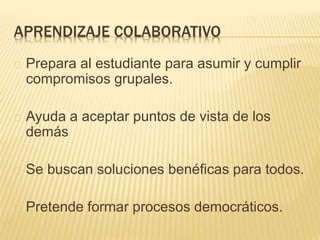 APRENDIZAJE COLABORATIVO 
Prepara al estudiante para asumir y cumplir 
compromisos grupales. 
Ayuda a aceptar puntos de vista de los 
demás 
Se buscan soluciones benéficas para todos. 
Pretende formar procesos democráticos. 
 
