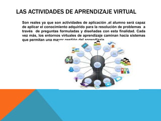 LAS ACTIVIDADES DE APRENDIZAJE VIRTUAL 
Son reales ya que son actividades de aplicación ,el alumno será capaz 
de aplicar el conocimiento adquirido para la resolución de problemas a 
través de preguntas formuladas y diseñadas con esta finalidad. Cada 
vez más, los entornos virtuales de aprendizaje caminan hacia sistemas 
que permitan una mayor gestión del aprendizaje. 
 