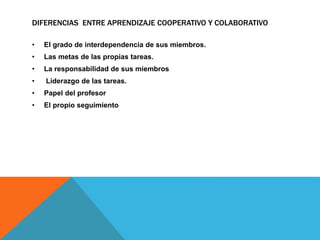 DIFERENCIAS ENTRE APRENDIZAJE COOPERATIVO Y COLABORATIVO 
• El grado de interdependencia de sus miembros. 
• Las metas de las propias tareas. 
• La responsabilidad de sus miembros 
• Liderazgo de las tareas. 
• Papel del profesor 
• El propio seguimiento 
