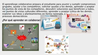 El aprendizaje colaborativo prepara al estudiante para asumir y cumplir compromisos
grupales, ayudar a los compañeros, solicitar ayudas a los demás, aprender a aceptar
los puntos de vista de los compañeros, descubrir soluciones que beneficien a todos,
ver puntos de vistas culturales diferentes, aprender a aceptar crítica de los demás,
exponer sus ideas y planteamientos en forma razonada, y familiarizarse con
procesos democráticos
¿Por qué aprender en colaboración?
 