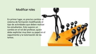 Modificar roles
En primer lugar, es preciso cambiar el
sistema de formación modificando el
tipo de actividades que deben realizar
los estudiantes. Esto supone un
cambio en el rol del profesor, quien
debe explicitar muy bien su papel en el
seguimiento y la tutorización de las
tareas.
 