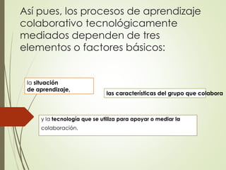Así pues, los procesos de aprendizaje
colaborativo tecnológicamente
mediados dependen de tres
elementos o factores básicos:
y la tecnología que se utiliza para apoyar o mediar la
colaboración.
la situación
de aprendizaje,
las características del grupo que colabora
 